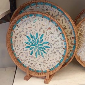 round rattan serving tray set with blue mosaic shell inlay – luxury decorative trays for hosting & table styling (2 sizes) 01