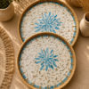 round rattan serving tray set with blue mosaic shell inlay – luxury decorative trays for hosting & table styling (2 sizes)