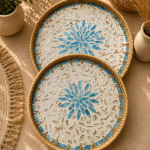 Home round rattan serving tray set with blue mosaic shell inlay – luxury decorative trays for hosting & table styling (2 sizes)