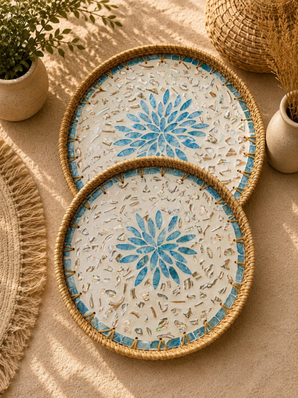 round rattan serving tray set with blue mosaic shell inlay – luxury decorative trays for hosting & table styling (2 sizes) round rattan serving tray set with blue mosaic shell inlay – luxury decorative trays for hosting & table styling (2 sizes)