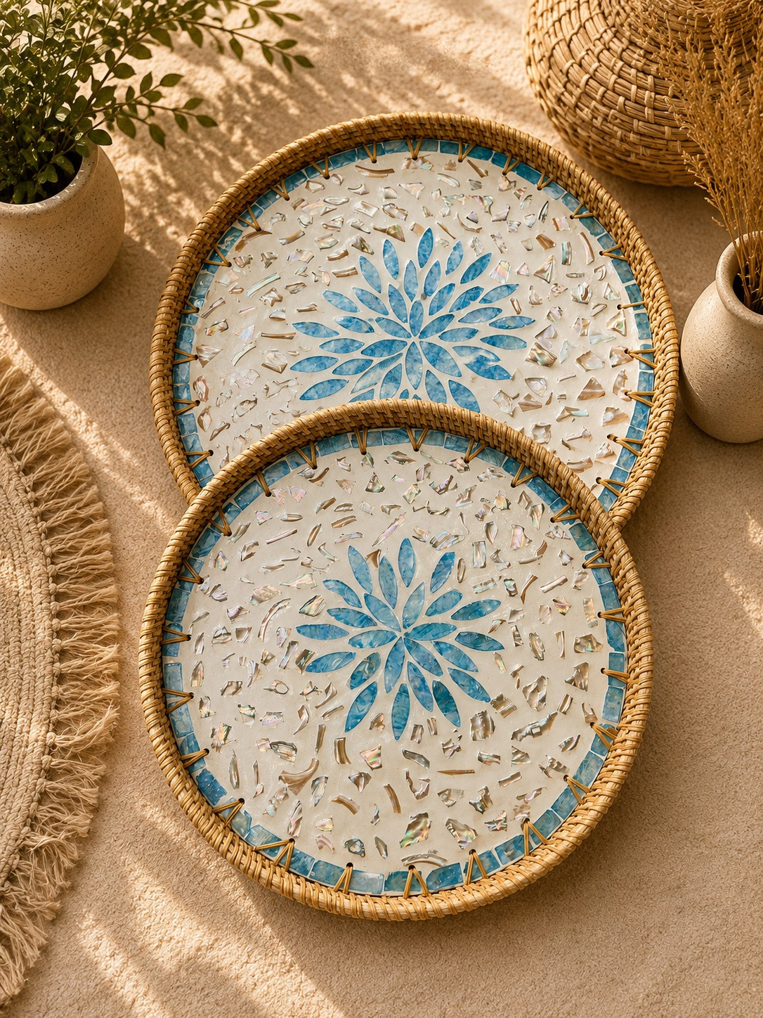 round rattan serving tray set with blue mosaic shell inlay – luxury decorative trays for hosting & table styling (2 sizes)