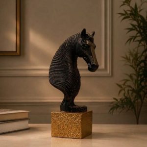 Home black gold horse head bust sculpture on textured gold base
