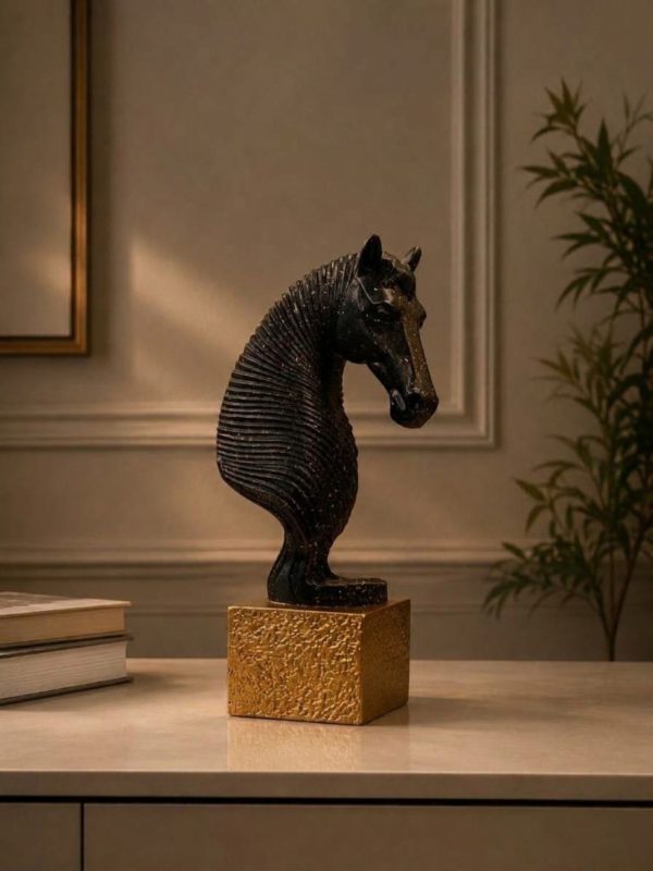 black gold horse head bust sculpture on textured gold base black gold horse head bust sculpture on textured gold base