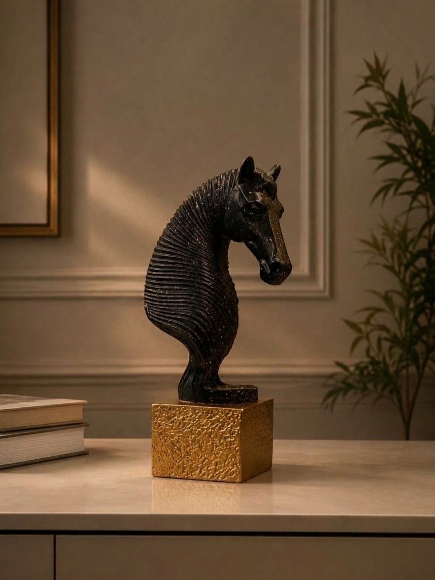 black gold horse head bust sculpture on textured gold base