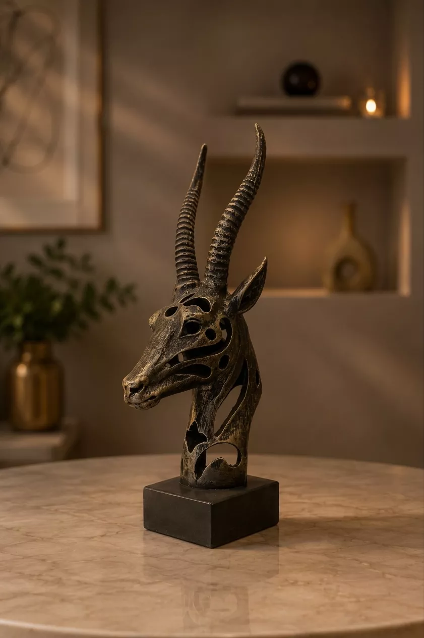 bronze antique gazelle head sculpture with cutout detail on black base