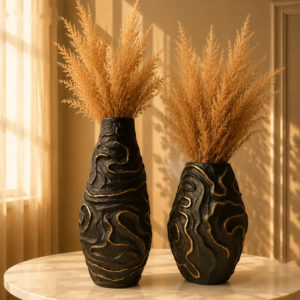 Home golden veins decorative vase set black with raised gold engraving 2 sizes