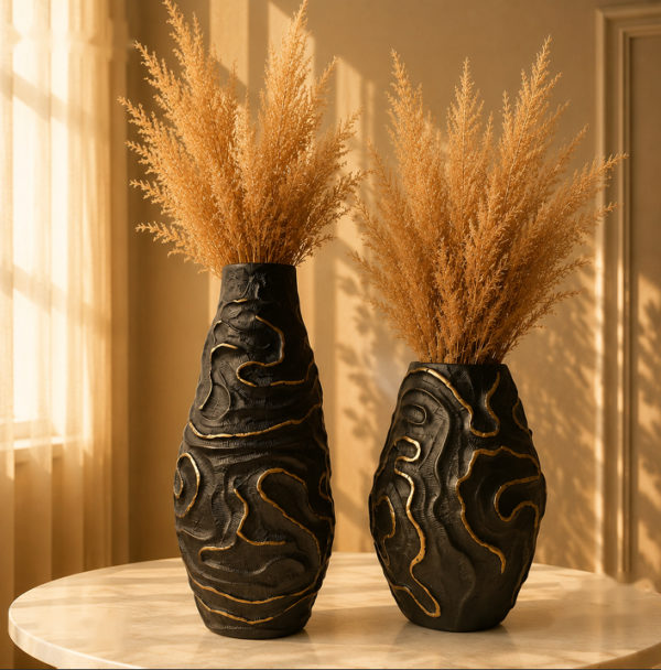 golden veins decorative vase set black with raised gold engraving 2 sizes golden veins decorative vase set black with raised gold engraving 2 sizes