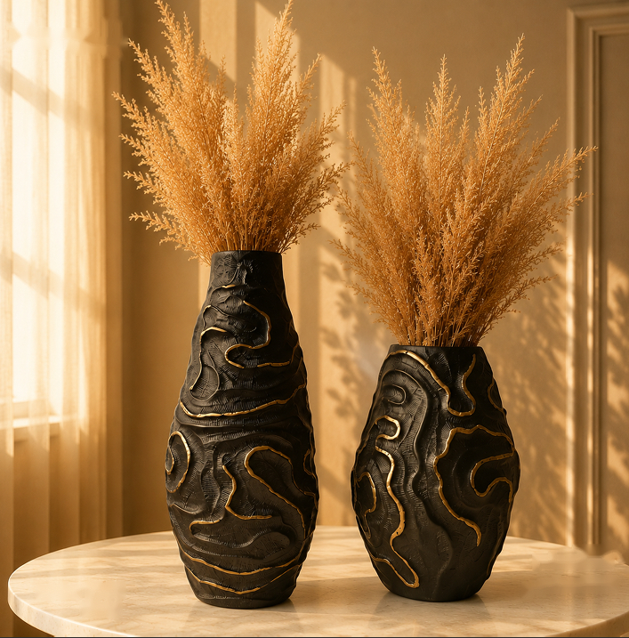 golden veins decorative vase set black with raised gold engraving 2 sizes