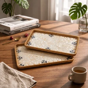 Home luxury rectangular rattan serving trays with mother of pearl inlay set of 2