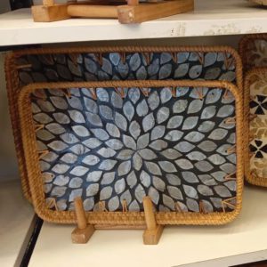 rectangular rattan serving tray set with mother of pearl inlay on black luxury decorative trays for hosting table styling 2 sizes 01