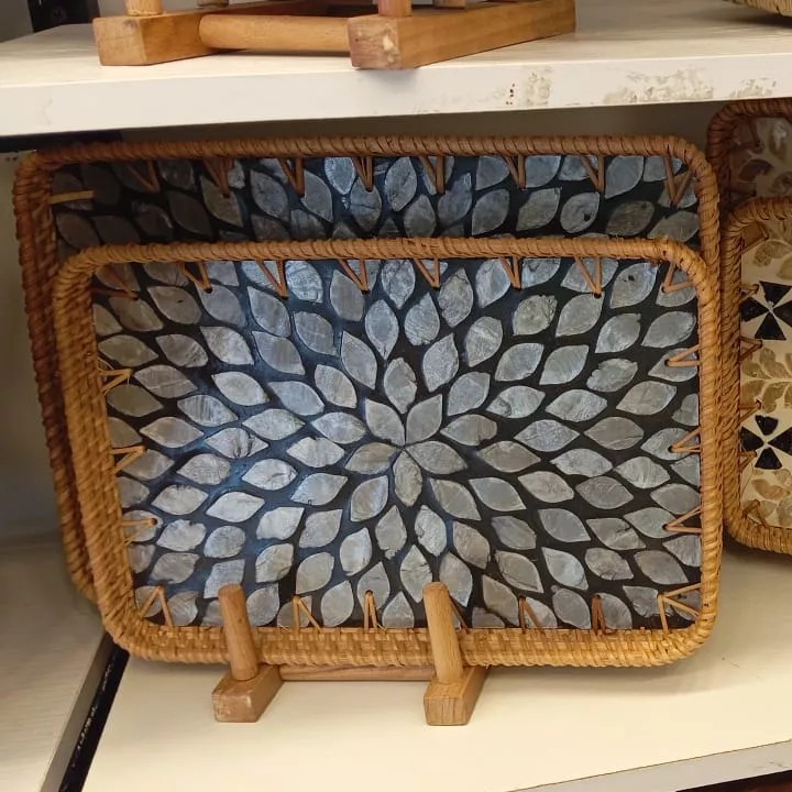 rectangular rattan serving tray set with mother of pearl inlay on black luxury decorative trays for hosting table styling 2 sizes 01
