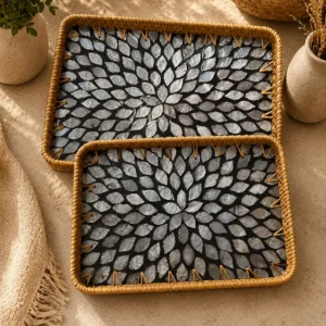 Home rectangular rattan serving tray set with mother of pearl inlay on black luxury decorative trays for hosting table styling 2 sizes