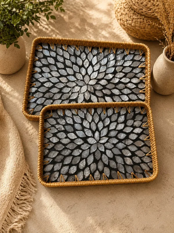 rectangular rattan serving tray set with mother of pearl inlay on black luxury decorative trays for hosting table styling 2 sizes rectangular rattan serving tray set with mother of pearl inlay on black luxury decorative trays for hosting table styling 2 sizes