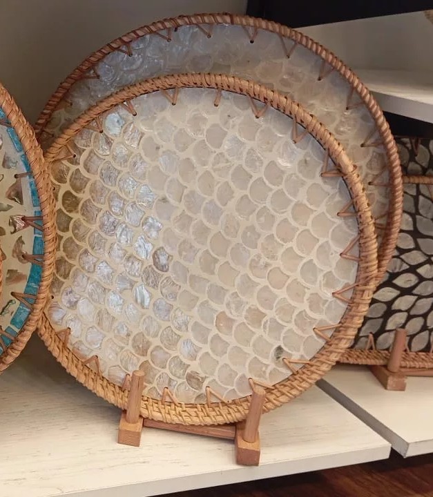 round rattan serving tray set with mother of pearl shell inlay luxury decorative trays for hosting table styling 2 sizes 01