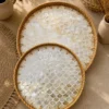 round rattan serving tray set with mother of pearl shell inlay luxury decorative trays for hosting table styling 2 sizes