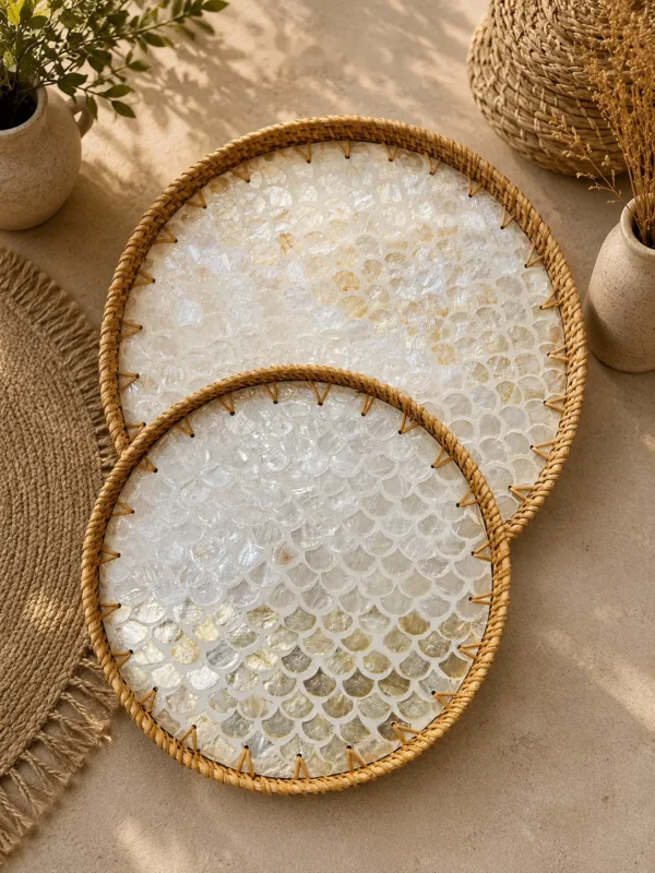 round rattan serving tray set with mother of pearl shell inlay luxury decorative trays for hosting table styling 2 sizes round rattan serving tray set with mother of pearl shell inlay luxury decorative trays for hosting table styling 2 sizes