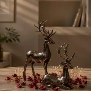 Home set of 2 metallic reindeer statues with glossy finish for tabletop decor