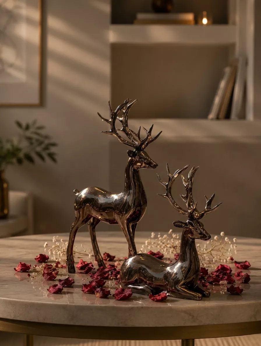 set of 2 metallic reindeer statues with glossy finish for tabletop decor